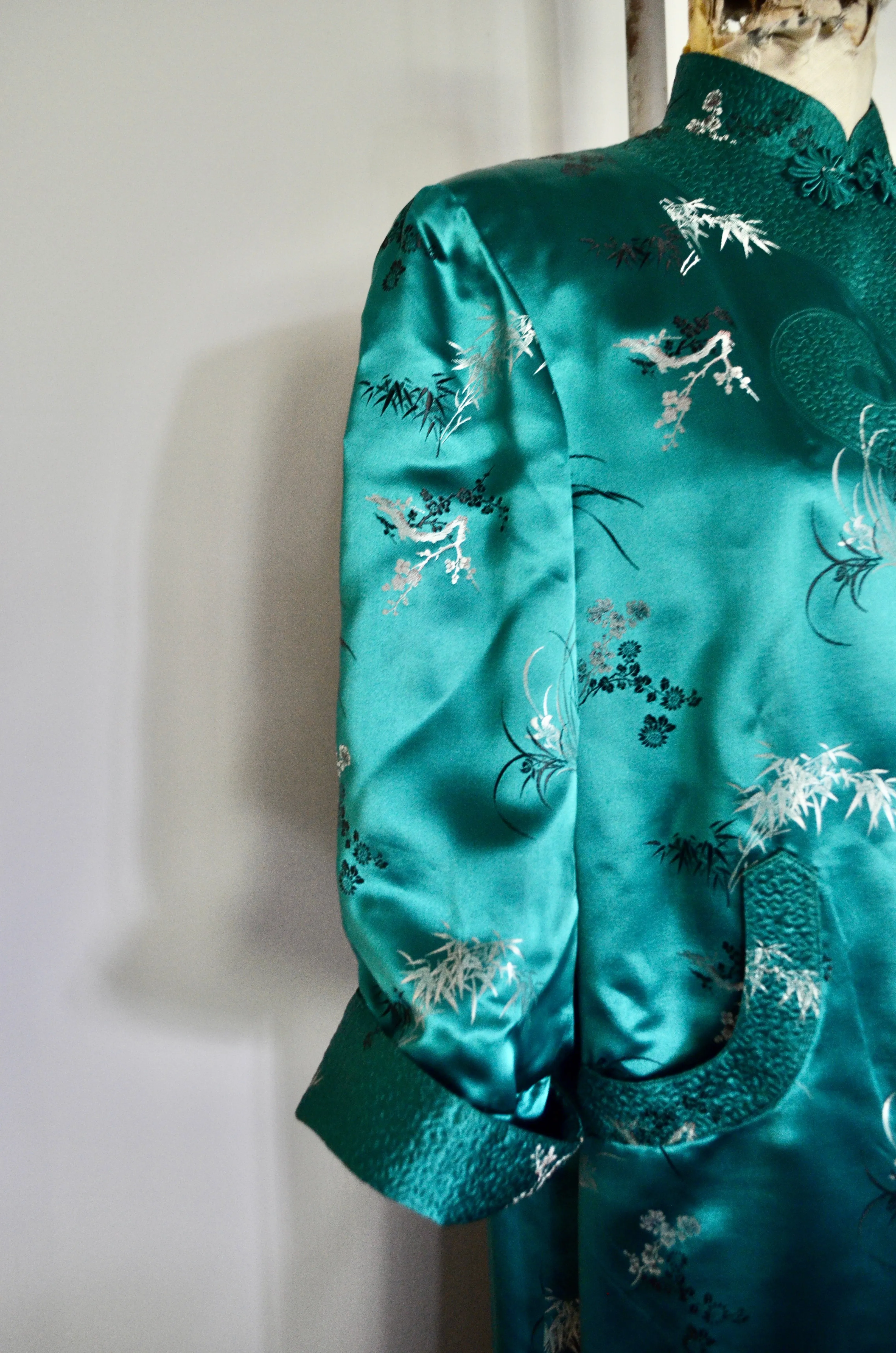 Kimono Chinese Street Style Emerald Green Long Maxi Coat Floral Pattern Cape Dress Jacket Style