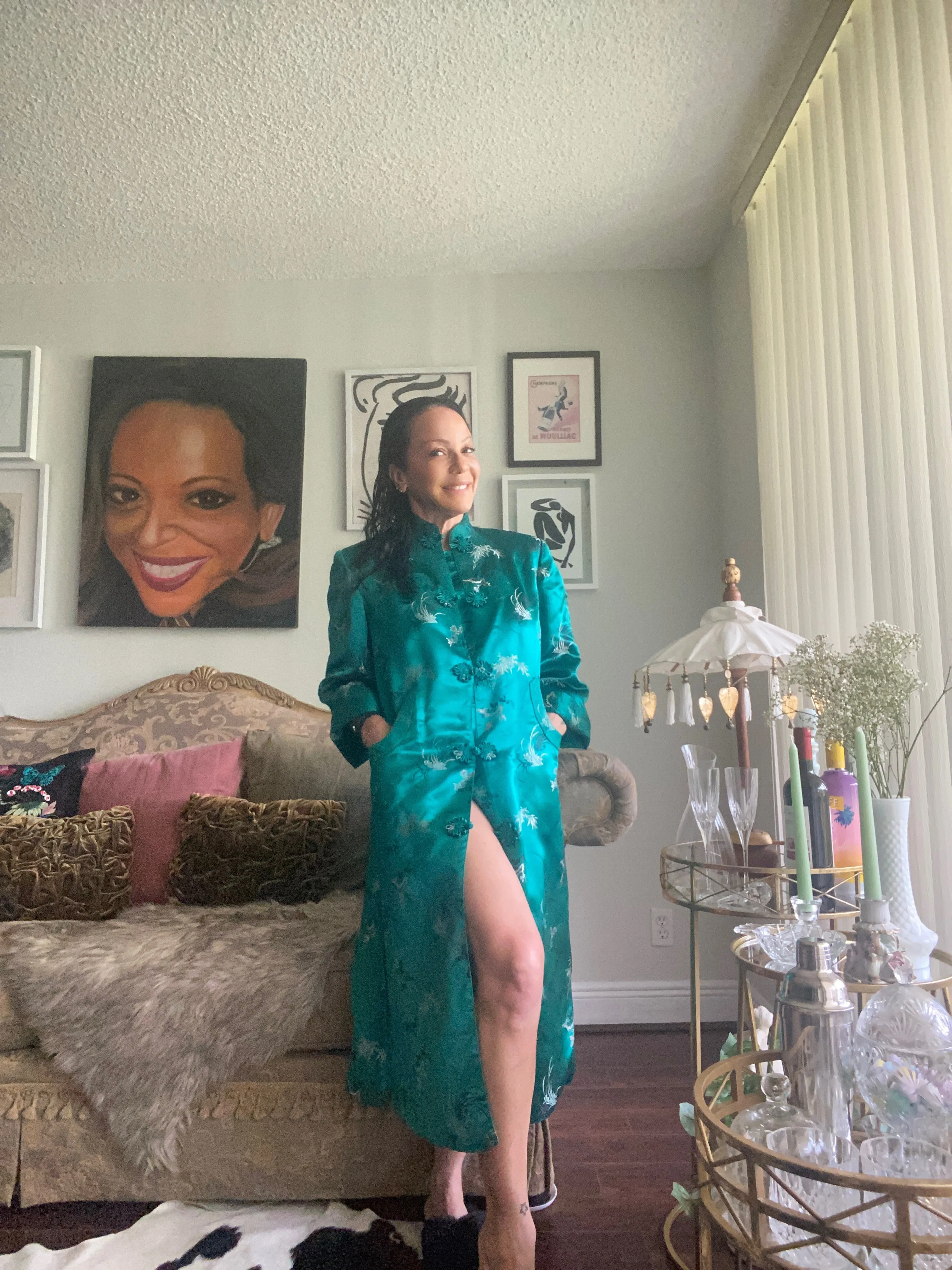 Kimono Chinese Street Style Emerald Green Long Maxi Coat Floral Pattern Cape Dress Jacket Style