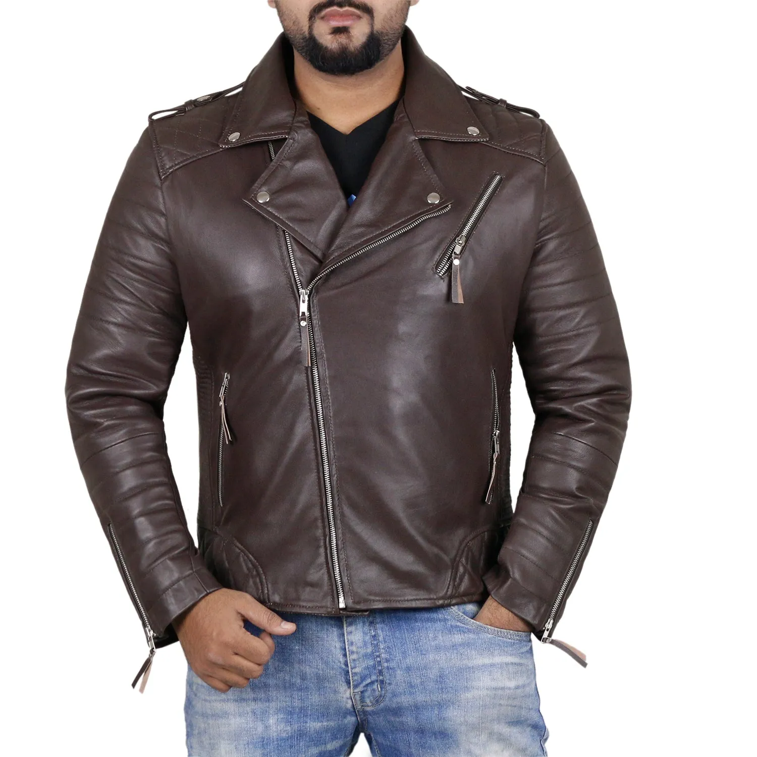 Leather Jackets Hub Mens Genuine Lambskin Leather Jacket (Black, Double Rider Jacket) - 1501474
