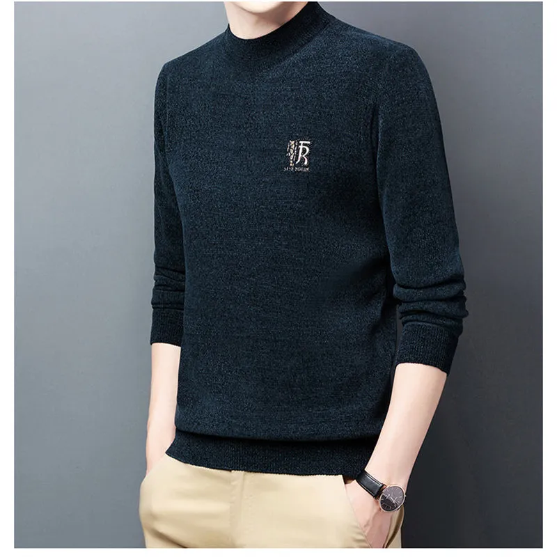 Men's Chenille Sweater Winter Half High Neck Thickened Warm Embroidered Sweater