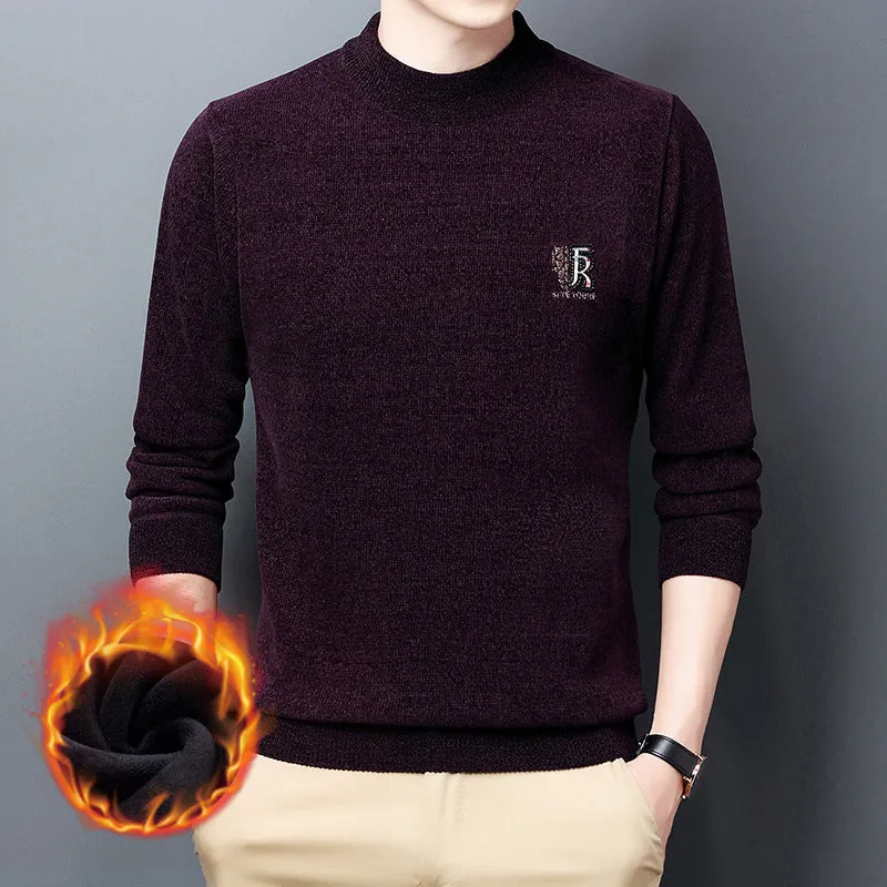 Men's Chenille Sweater Winter Half High Neck Thickened Warm Embroidered Sweater