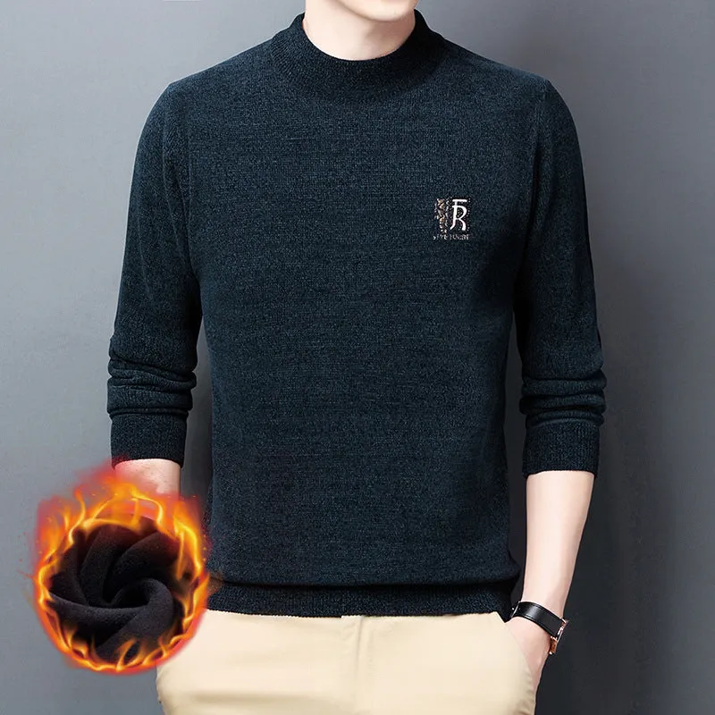 Men's Chenille Sweater Winter Half High Neck Thickened Warm Embroidered Sweater