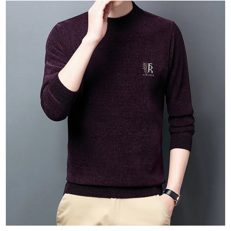 Men's Chenille Sweater Winter Half High Neck Thickened Warm Embroidered Sweater