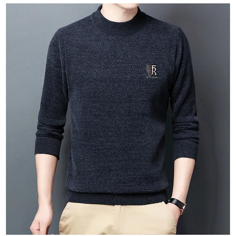 Men's Chenille Sweater Winter Half High Neck Thickened Warm Embroidered Sweater