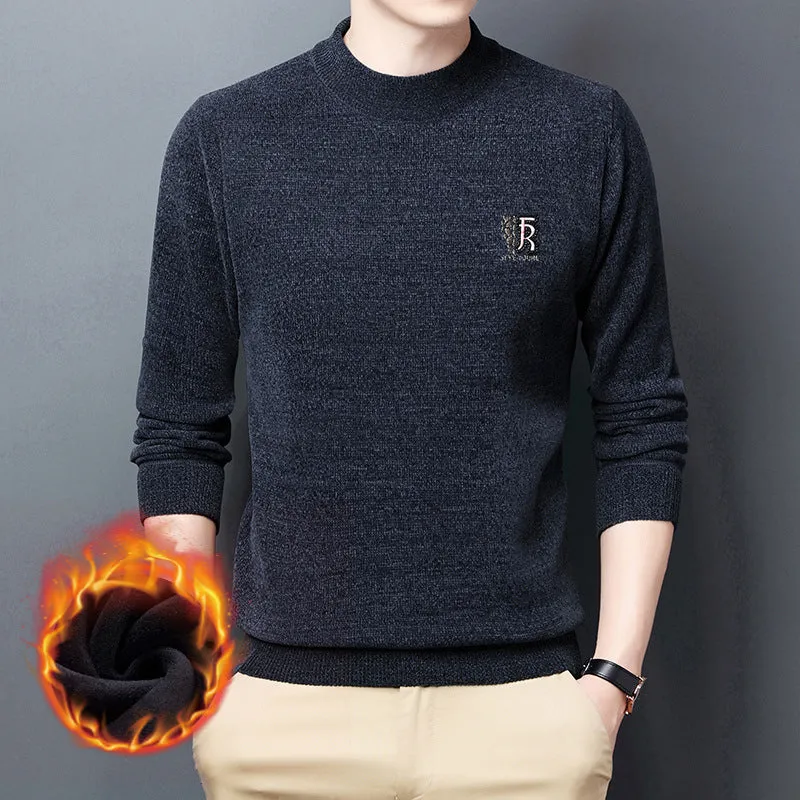 Men's Chenille Sweater Winter Half High Neck Thickened Warm Embroidered Sweater