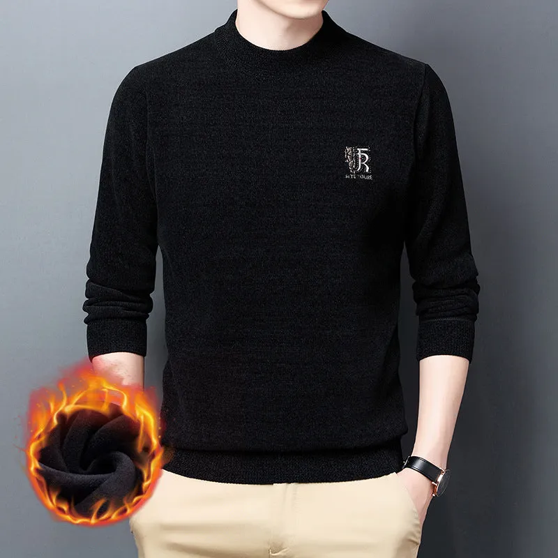 Men's Chenille Sweater Winter Half High Neck Thickened Warm Embroidered Sweater