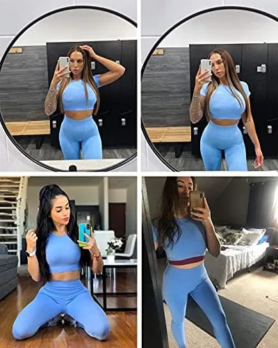 OYS Womens Yoga 2 Pieces Workout Outfits Seamless High Waist leggings Sports Crop Top Running Sets Blue