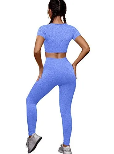 OYS Womens Yoga 2 Pieces Workout Outfits Seamless High Waist leggings Sports Crop Top Running Sets Blue
