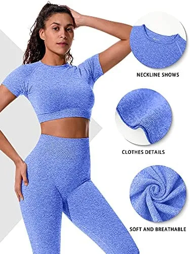 OYS Womens Yoga 2 Pieces Workout Outfits Seamless High Waist leggings Sports Crop Top Running Sets Blue