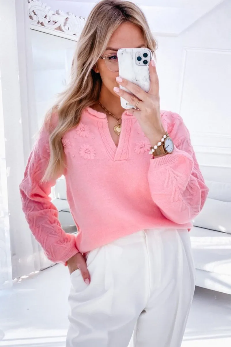 Pink Flower Blossom Knitted Sweater