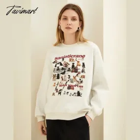 Tavimart Vintage Beige Fleece Pullover Cute Dog Crewneck Sweatshirt Korean Fashion Streetwear Oversized Long Sleeve Sweatshirt Women