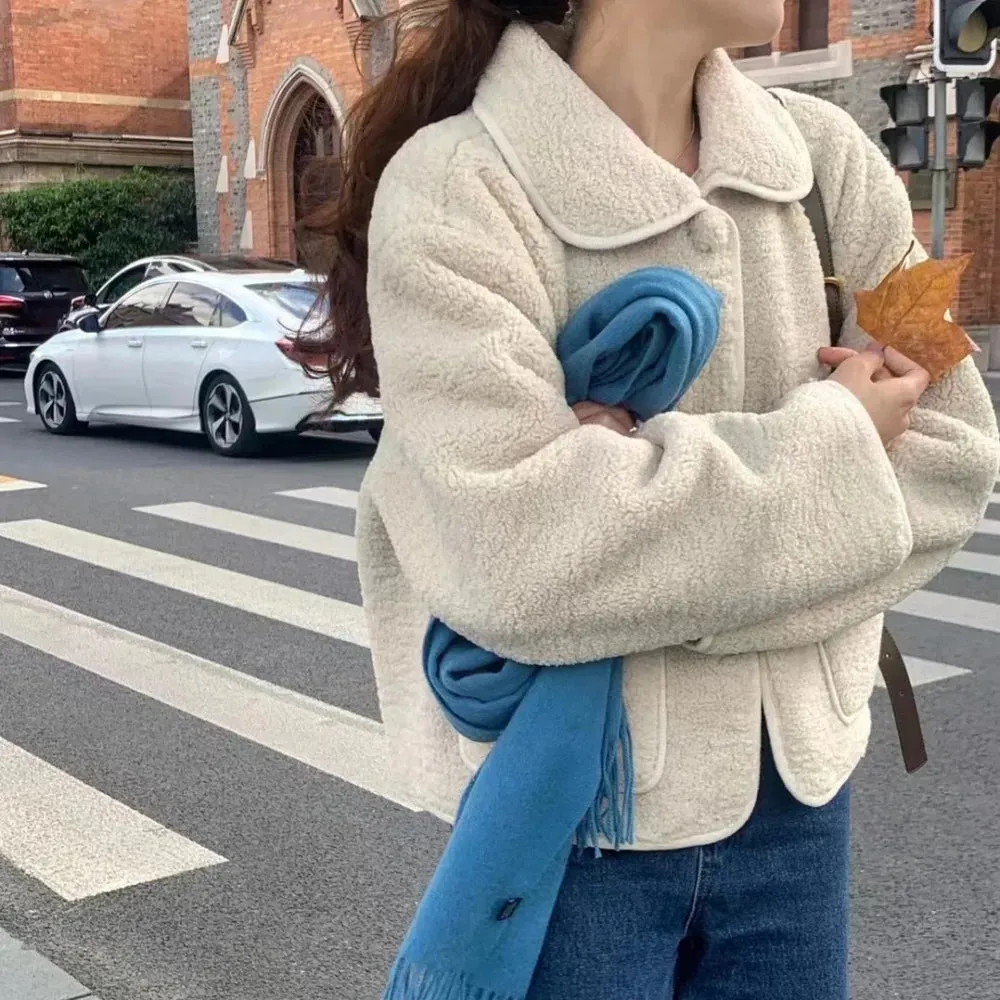 TAVIMART  -  Women's Winter Sweet Plush Coat Lamb Fur Jacket Peter Pan Collar Single Breasted Short Outerwears