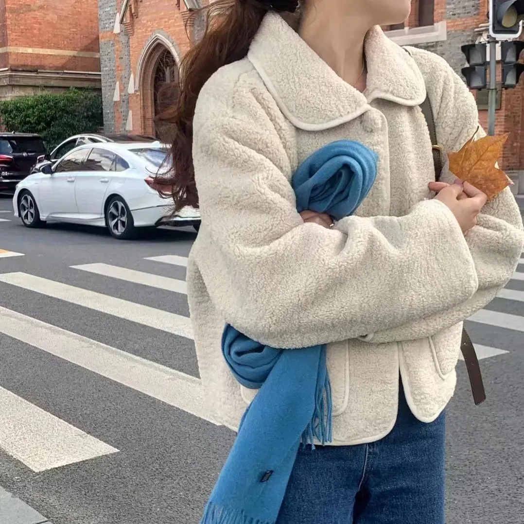 TAVIMART  -  Women's Winter Sweet Plush Coat Lamb Fur Jacket Peter Pan Collar Single Breasted Short Outerwears