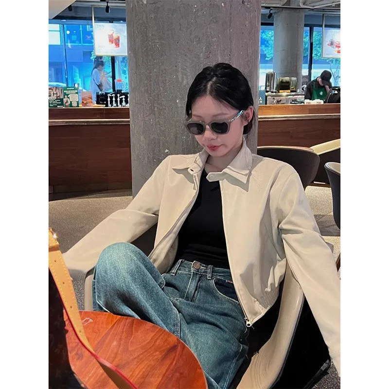 Wjczt fall inspo outfits Autumn New Retro Loose Western Style High-Grade Zipper Leather Coat Women's Stand Collar Long Sleeve Short Jacket