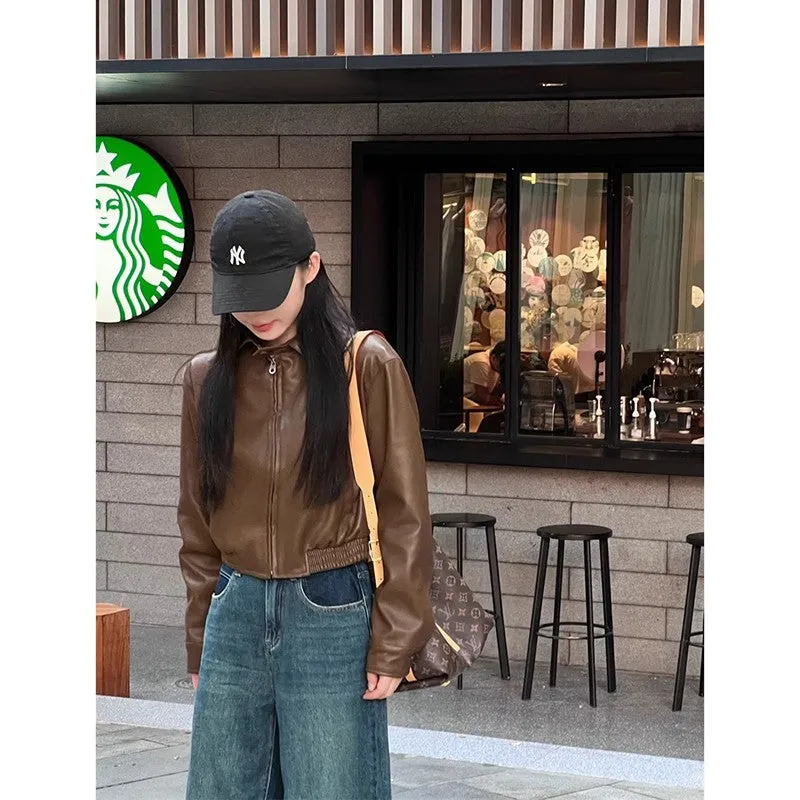 Wjczt fall inspo outfits Autumn New Retro Loose Western Style High-Grade Zipper Leather Coat Women's Stand Collar Long Sleeve Short Jacket
