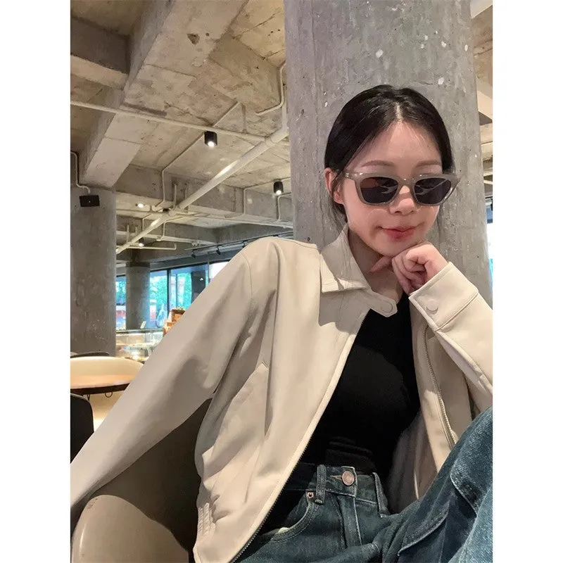 Wjczt fall inspo outfits Autumn New Retro Loose Western Style High-Grade Zipper Leather Coat Women's Stand Collar Long Sleeve Short Jacket
