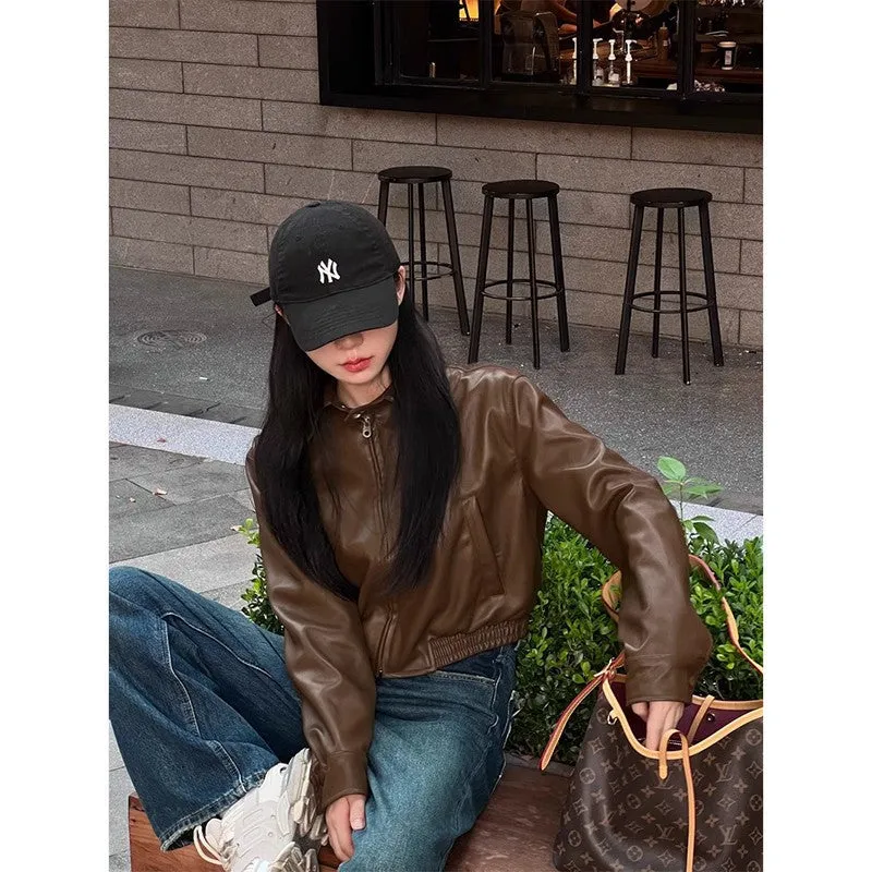 Wjczt fall inspo outfits Autumn New Retro Loose Western Style High-Grade Zipper Leather Coat Women's Stand Collar Long Sleeve Short Jacket