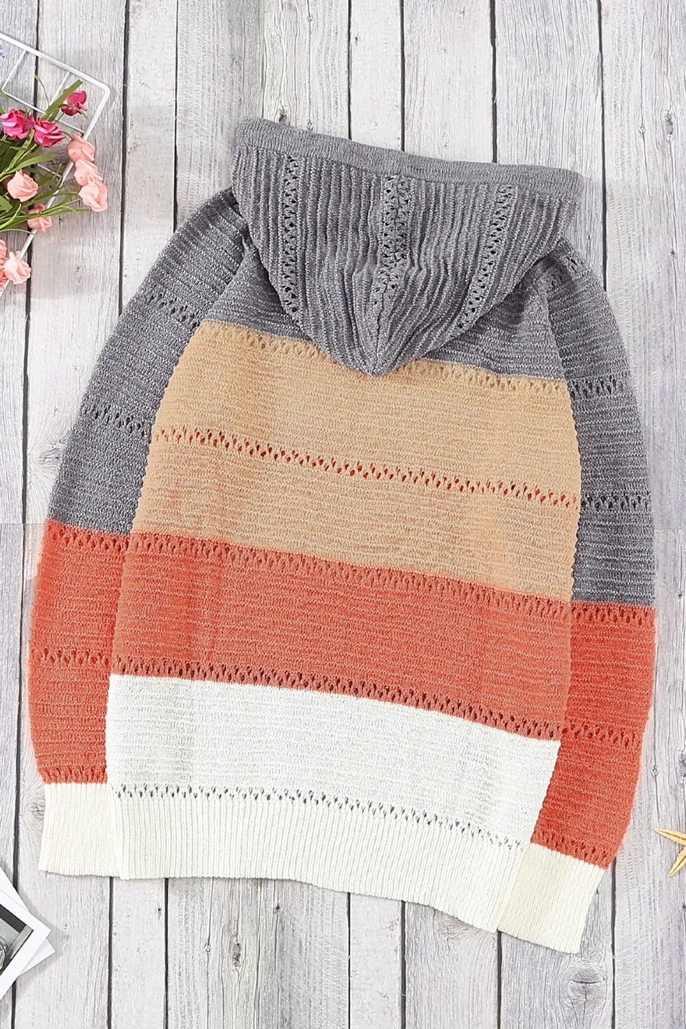 Women's Color Block Drawstring Hoodies Knitted Pullover Sweatshirts