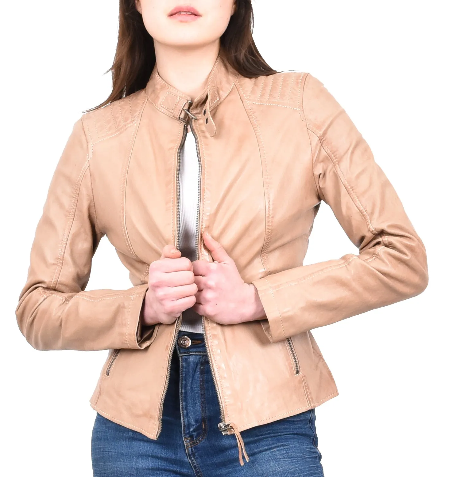 Women's Real Leather Classic Biker Jacket Beige Bikera