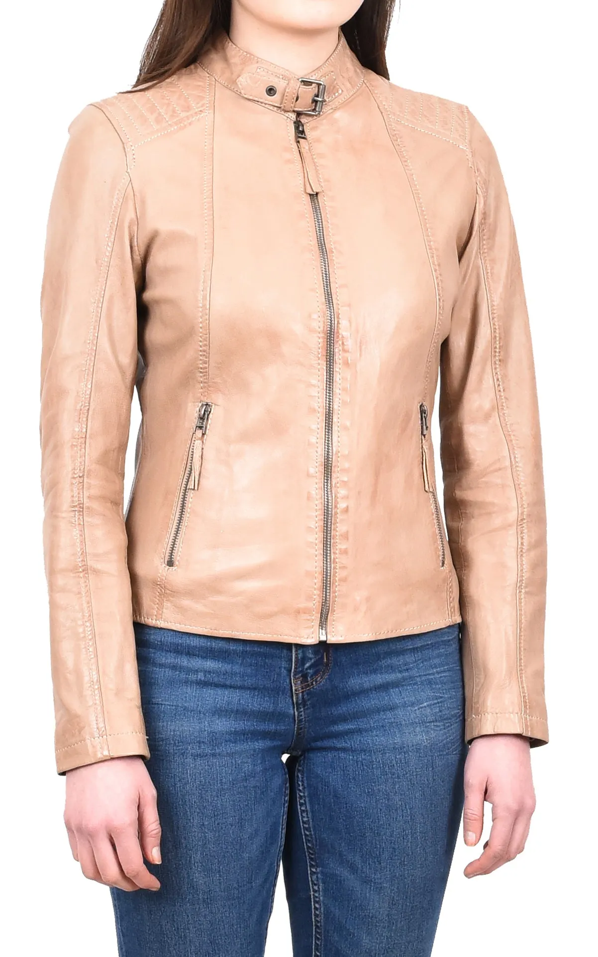 Women's Real Leather Classic Biker Jacket Beige Bikera