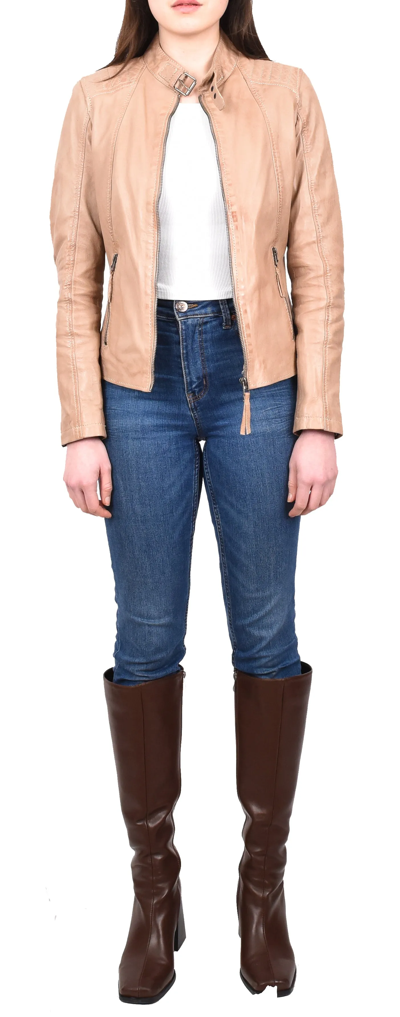 Women's Real Leather Classic Biker Jacket Beige Bikera