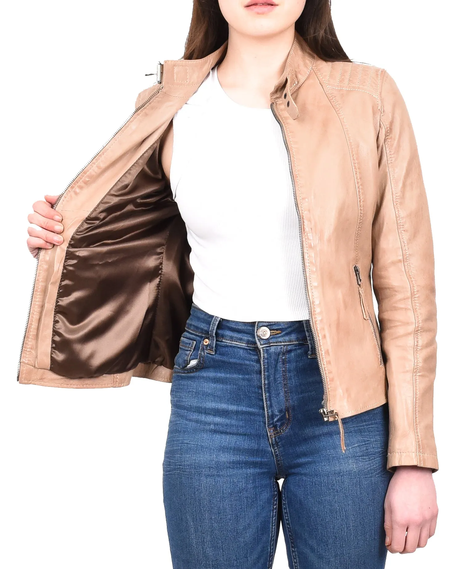 Women's Real Leather Classic Biker Jacket Beige Bikera