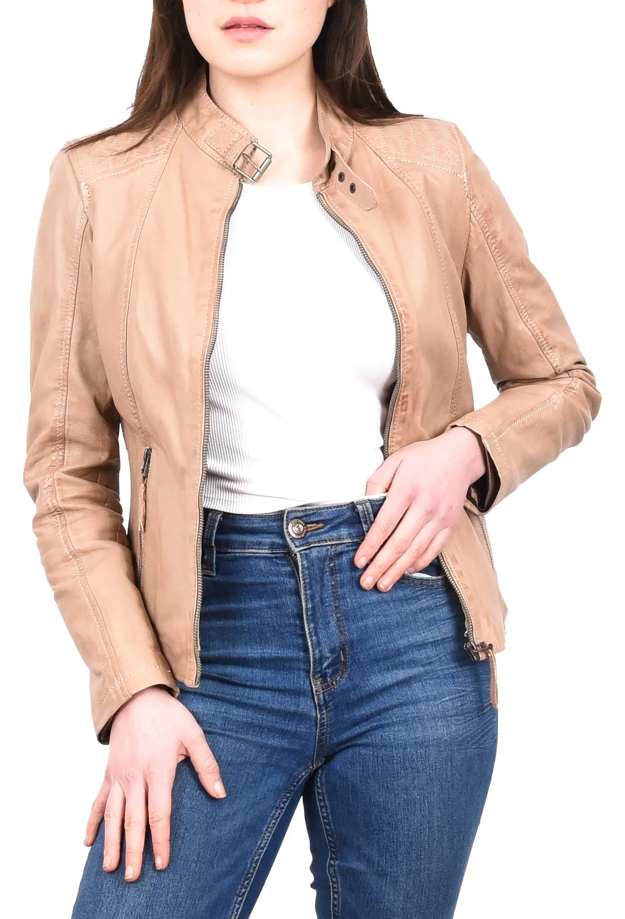 Women's Real Leather Classic Biker Jacket Beige Bikera
