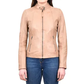 Women's Real Leather Classic Biker Jacket Beige Bikera