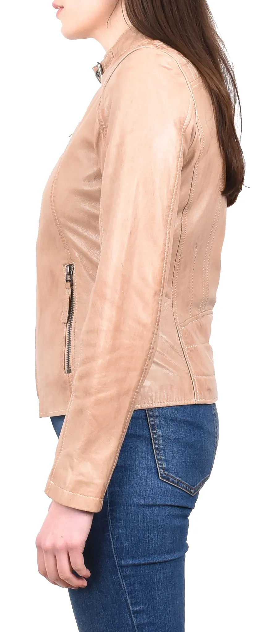 Women's Real Leather Classic Biker Jacket Beige Bikera