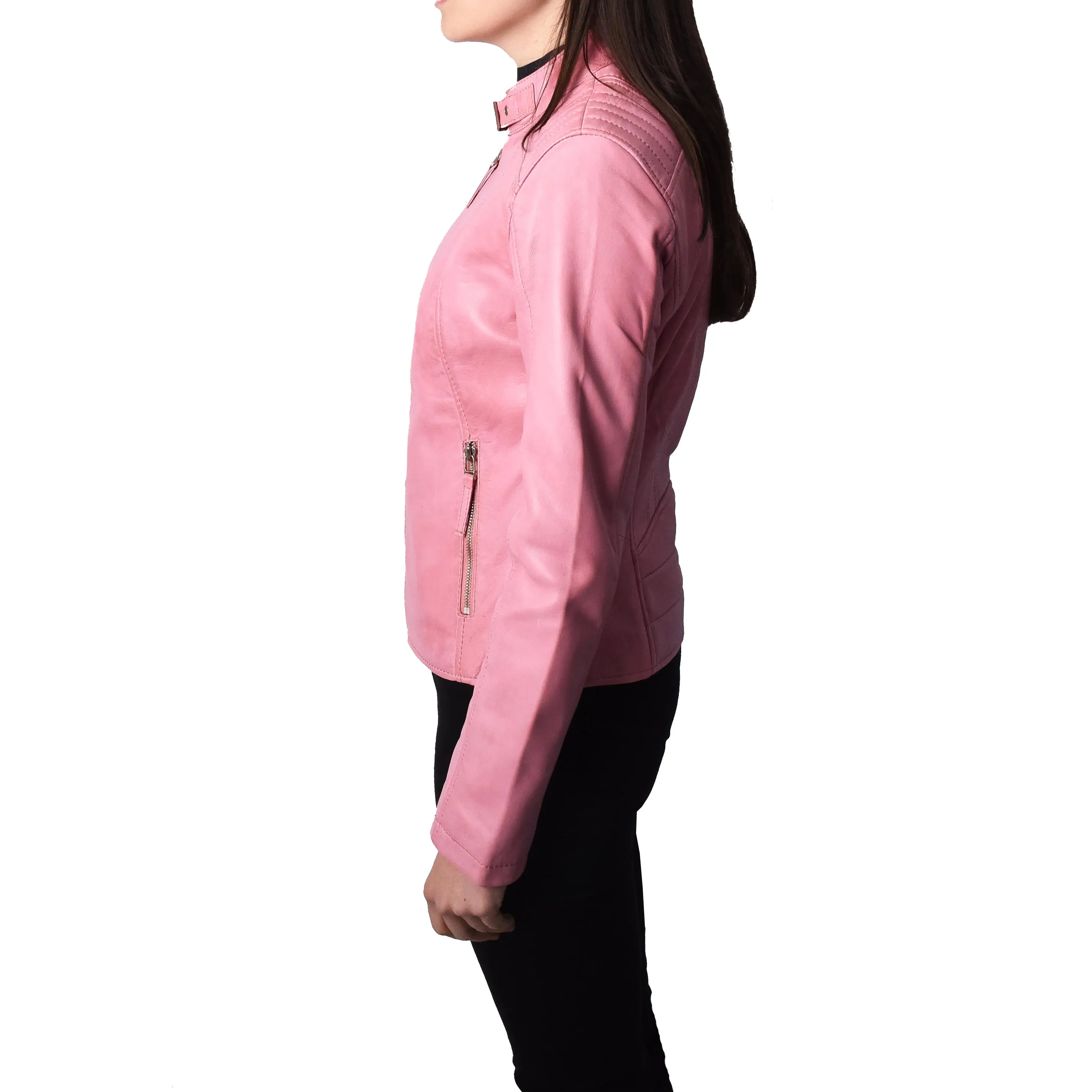 Women's Real Leather Classic Biker Jacket Pink Bikera