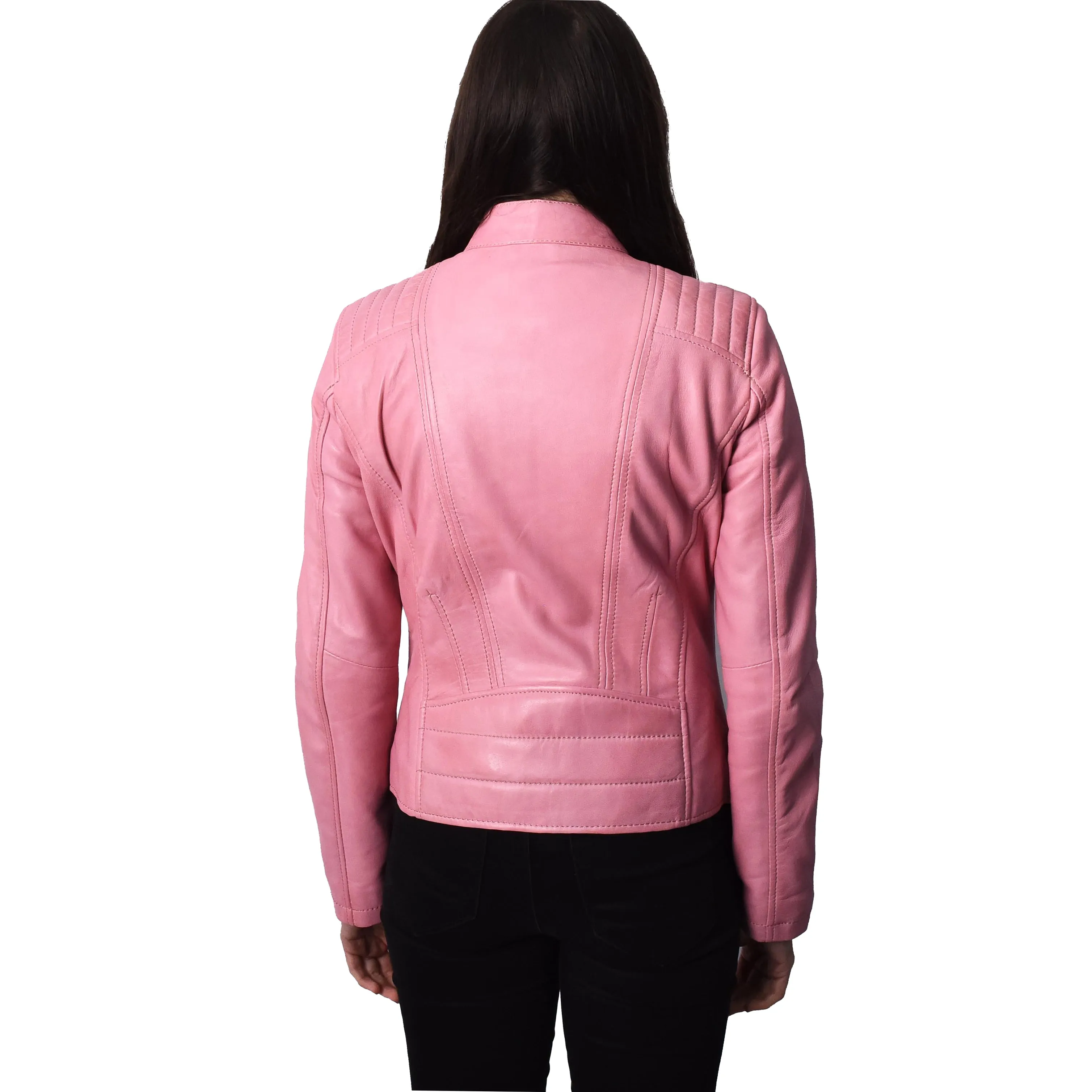Women's Real Leather Classic Biker Jacket Pink Bikera