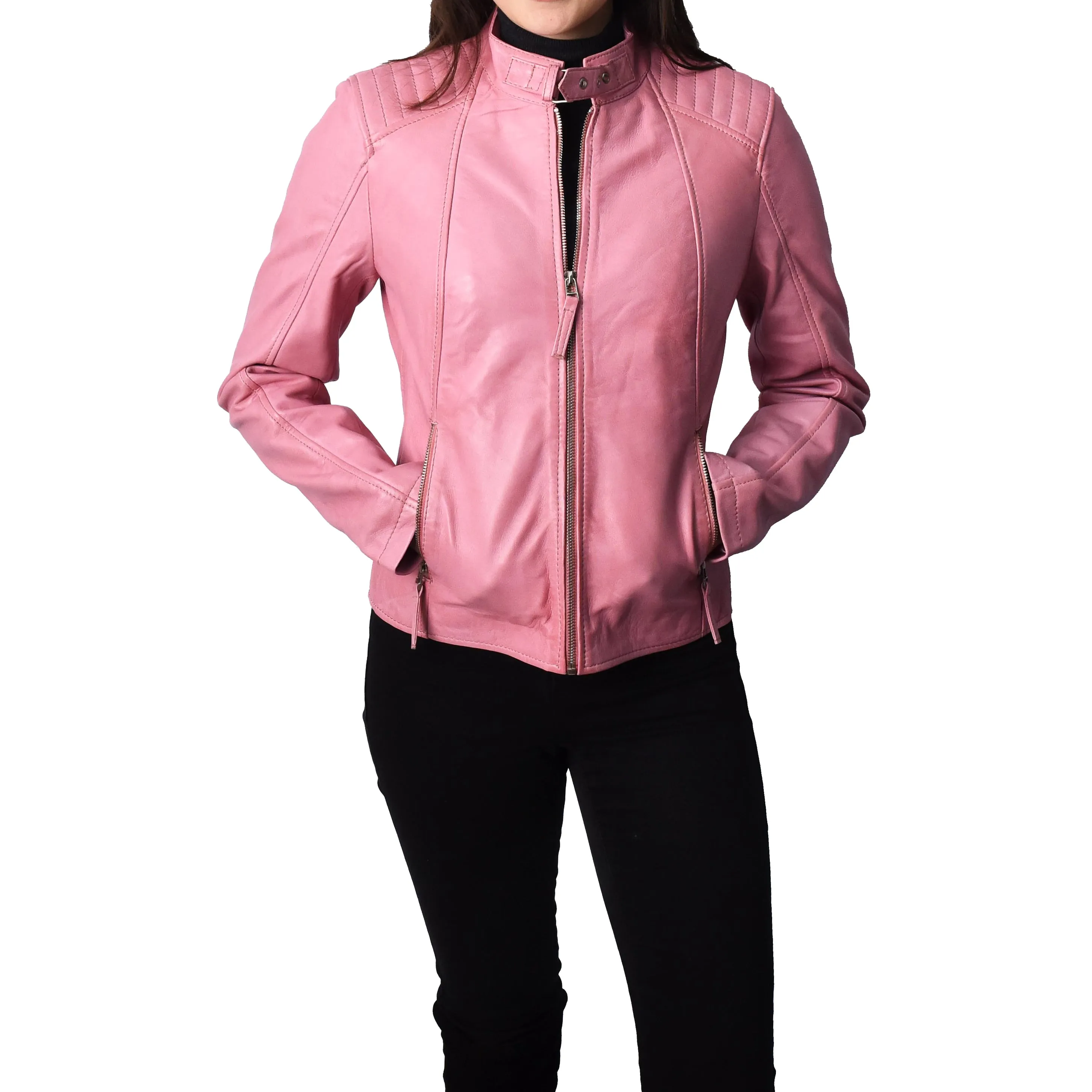 Women's Real Leather Classic Biker Jacket Pink Bikera