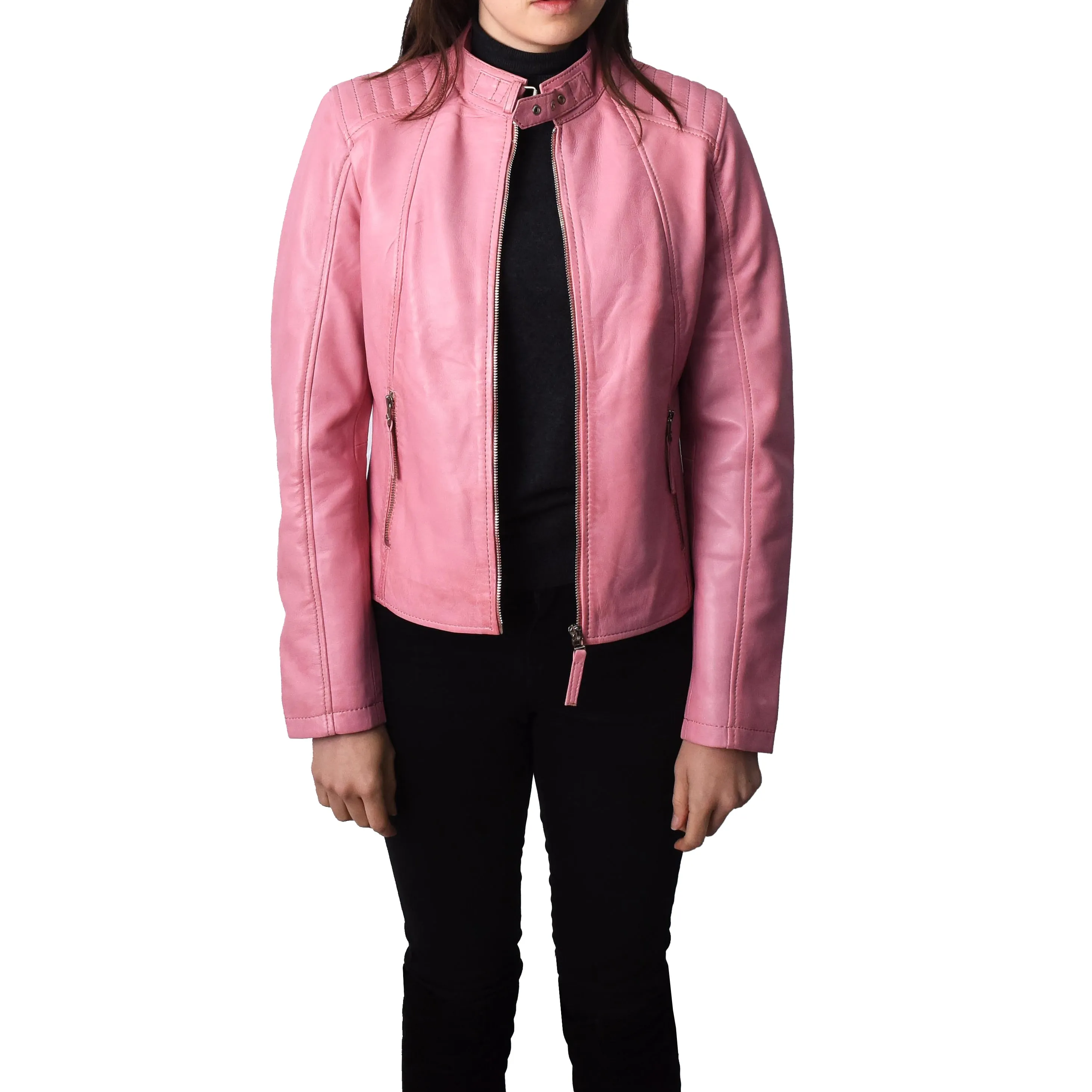 Women's Real Leather Classic Biker Jacket Pink Bikera