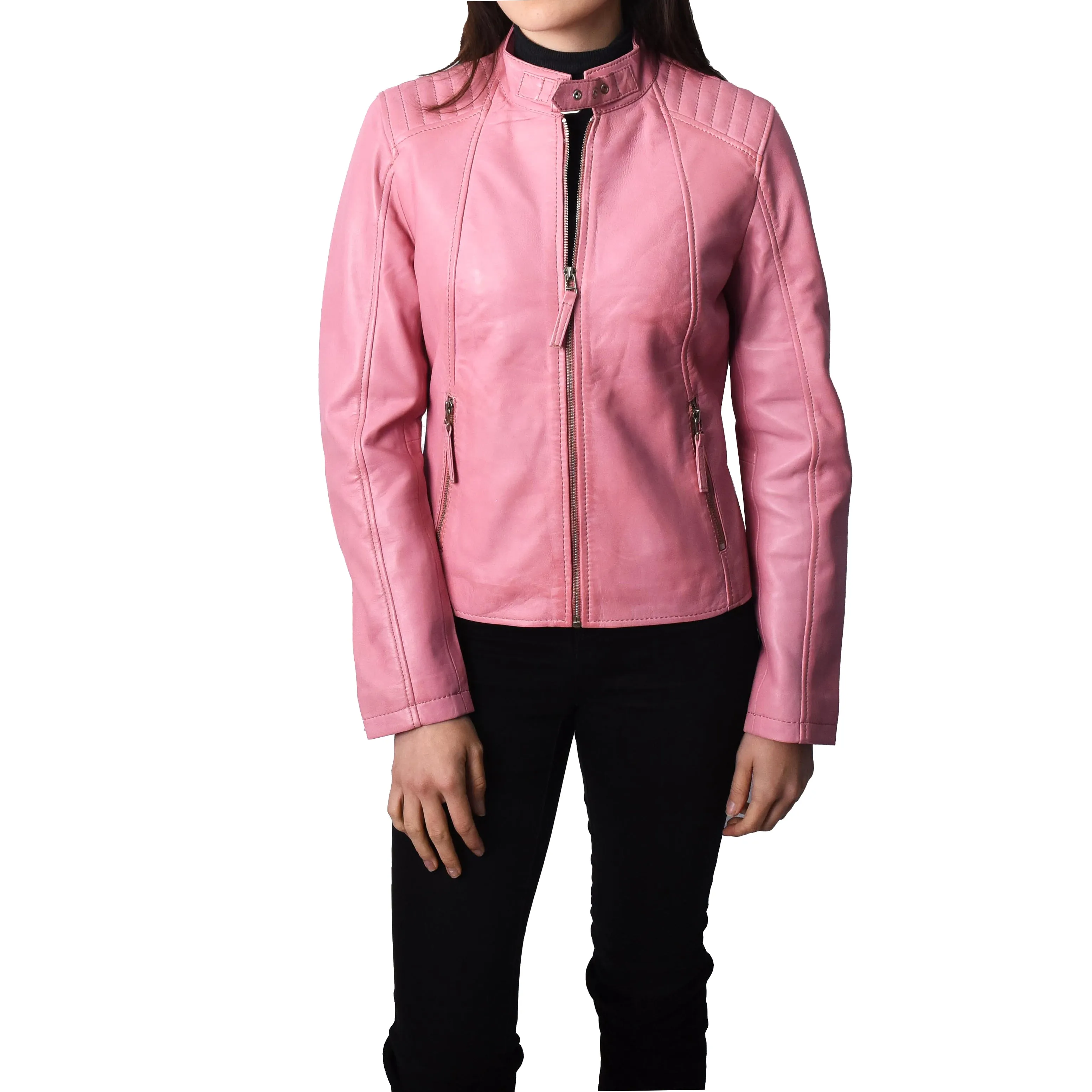 Women's Real Leather Classic Biker Jacket Pink Bikera