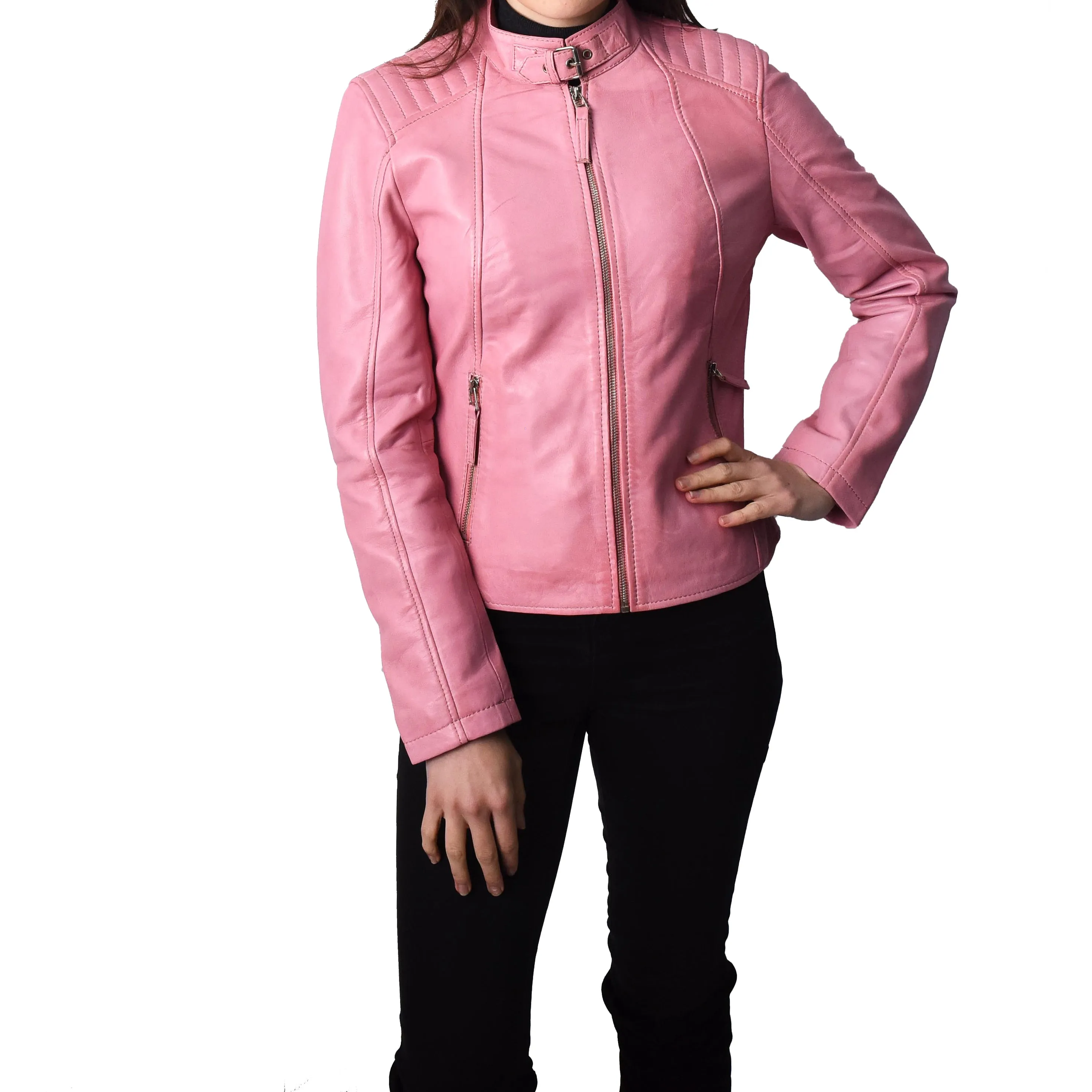 Women's Real Leather Classic Biker Jacket Pink Bikera